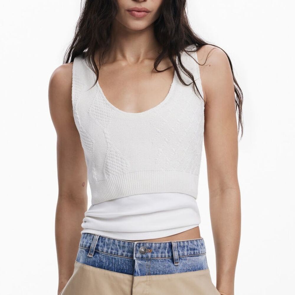 Desigual Crop Top Womens S Off-White Plain Crochet Cotton Knit Sleeveless